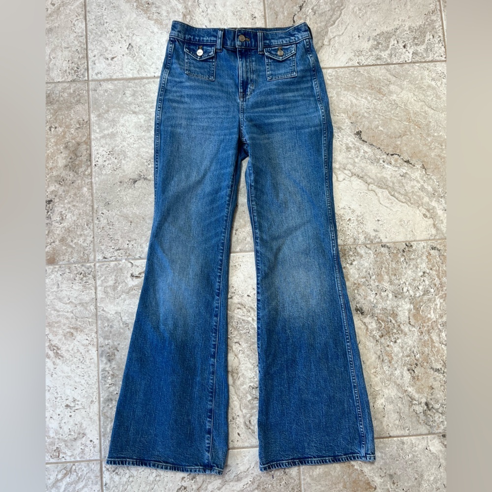 J. Crew Vintage Flare High Semi-Stretch Jean w/ Flap Pockets, Med Blue Wash, 26